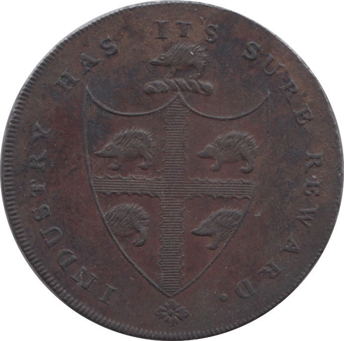 1793 HALFPENNY TOKEN LANCASHIRE ROCHDALE ARMS MAN IN LOOM 143 ( REF 104 )