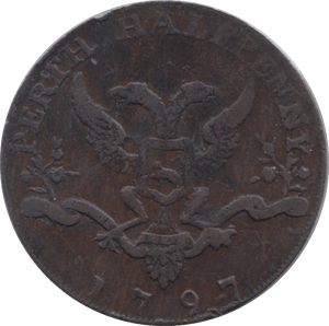1797 HALFPENNY TOKEN PERTHSHIRE PERTH ARMS STILL AND CASK DH10 ( REF 238 )