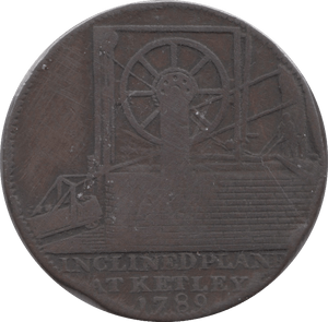 1792 HALFPENNY TOKEN SHROPSHIRE NEW IRON TRADE MAN AT MACHINE IRON BRIDGE DH11 RR ( REF 156 )