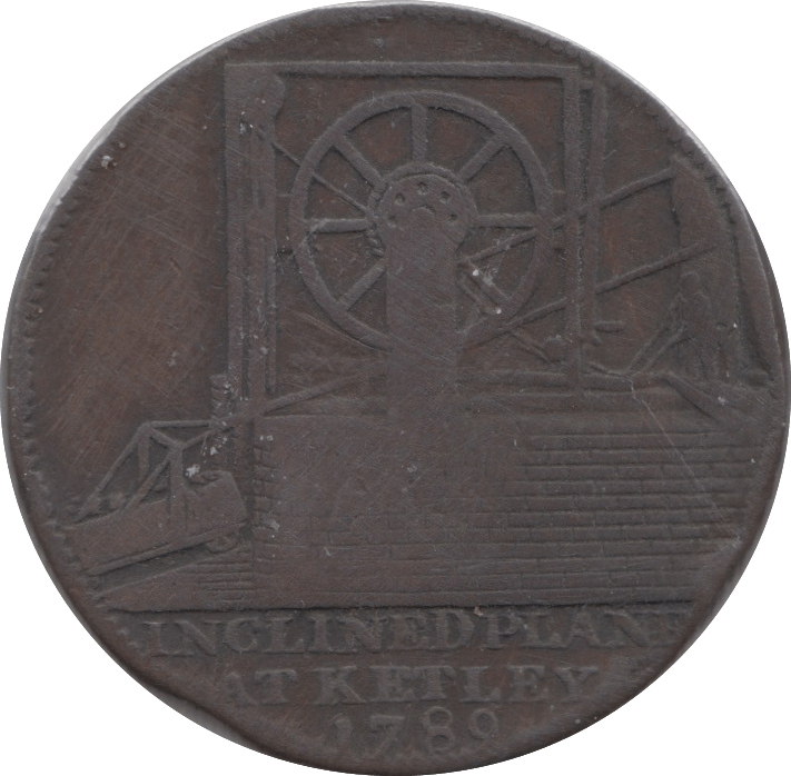 1792 HALFPENNY TOKEN SHROPSHIRE NEW IRON TRADE MAN AT MACHINE IRON BRIDGE DH11 RR ( REF 156 )