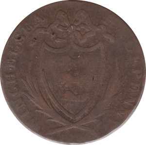 1794 HALFPENNY TOKEN SUSSEX BEEHIVES SHIELD OF ARMS MAPLEDENS ( REF 145 )