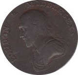 1792 HALFPENNY TOKEN MIDDLESEX SHAKESPEARE FEMALE WITH COICUPIA ENGRAILLED DH928B ( REF 132 )