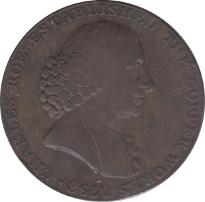 1790 HALFPENNY TOKEN CHESHIRE MACCLESFIELD FEMALE WITH COG CHARLES ROW DH21 ( REF 218 )