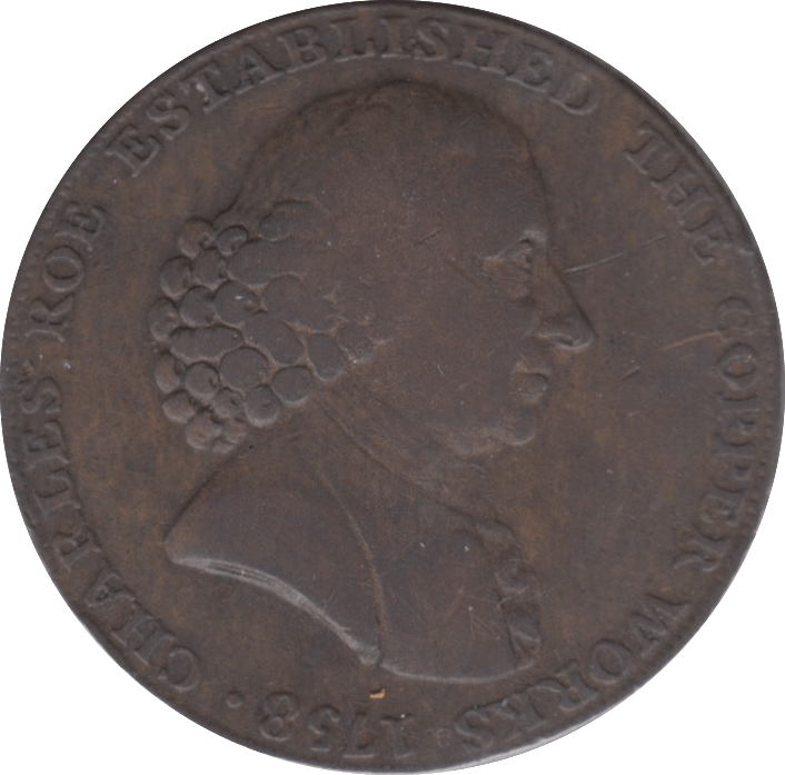 1790 HALFPENNY TOKEN CHESHIRE MACCLESFIELD FEMALE WITH COG CHARLES ROW DH21 ( REF 218 )