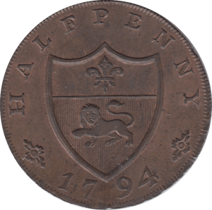 1794 HALFPENNY TOKEN LANCASHIRE SHIELD OF ARMS JOHN O GAUNT ( REF 77 )