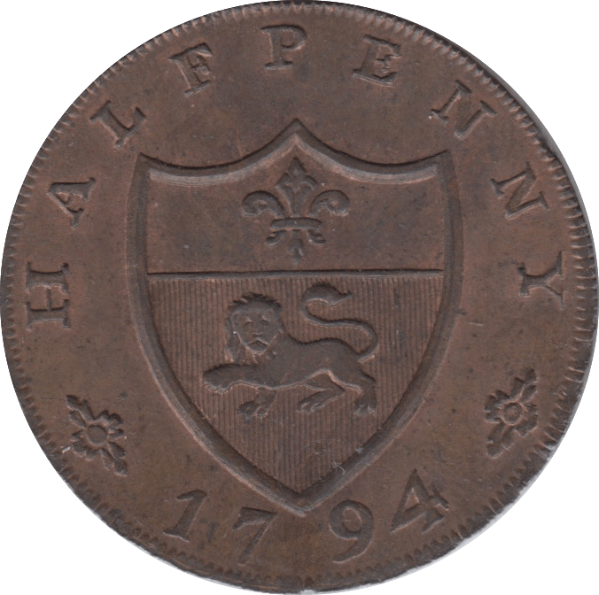 1794 HALFPENNY TOKEN LANCASHIRE SHIELD OF ARMS JOHN O GAUNT ( REF 77 )