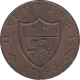 1794 HALFPENNY TOKEN LANCASHIRE SHIELD OF ARMS JOHN O GAUNT ( REF 77 )