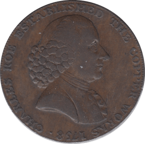 1791 HALFPENNY TOKEN CHESHIRE MACCLESFIELD FEMALE WITH COG DH38 ( REF 217 )