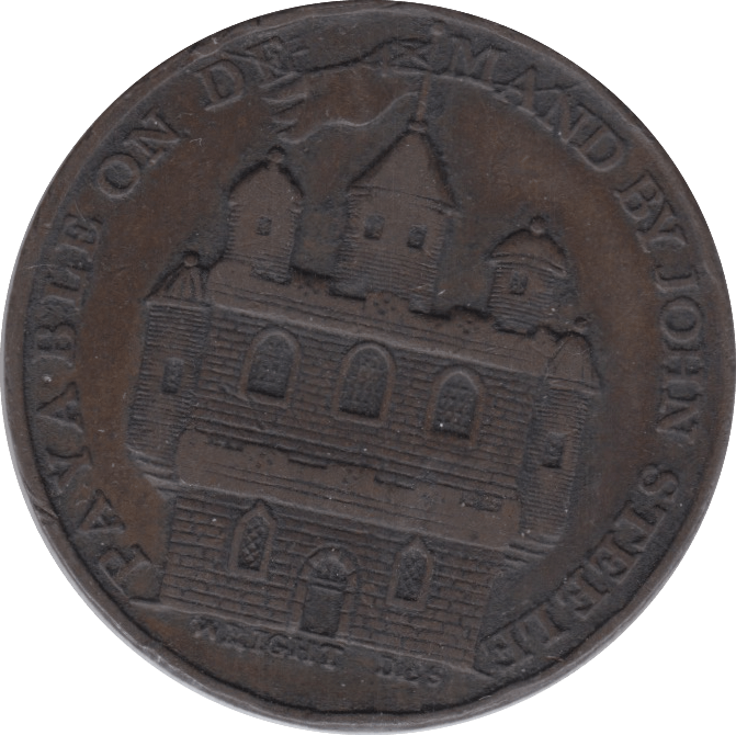 1797 HALFPENNY TOKEN ANGUSHIRE VIEW OF FORFAR CASTLE DH23 ( REF 249 )