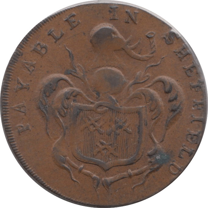 1793 HALFPENNY TOKEN YORKSHIRE BUST WITH HAT SHEFFIELD SHIELD OF ARMS DH56B ( REF 176 )