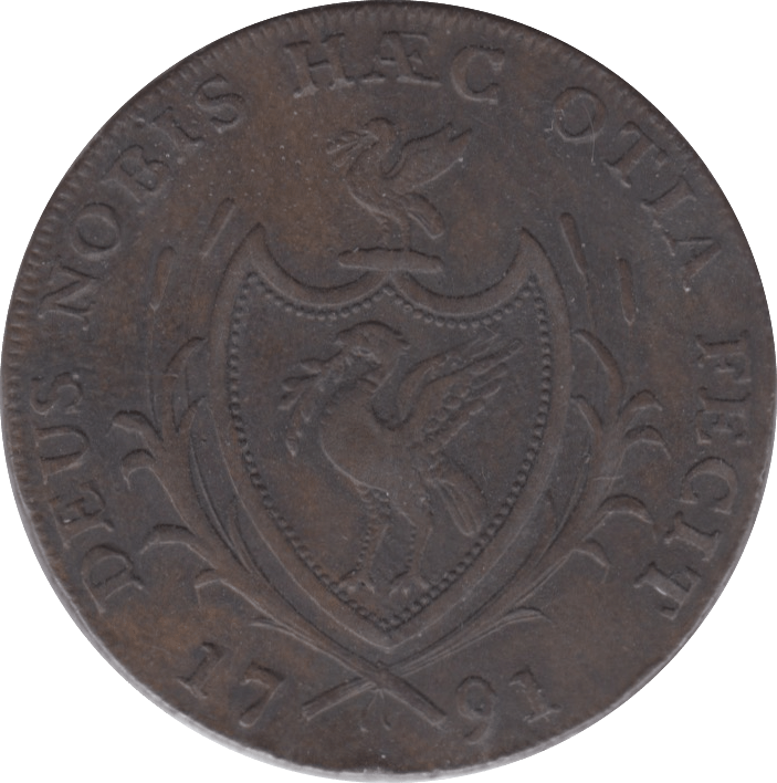 1791 HALFPENNY TOKEN LANCASHIRE SHIELD OF ARMS LIVERPOOL CLARKE DH63 ( REF 254 )