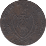 1791 HALFPENNY TOKEN LANCASHIRE SHIELD OF ARMS LIVERPOOL CLARKE DH63 ( REF 254 )