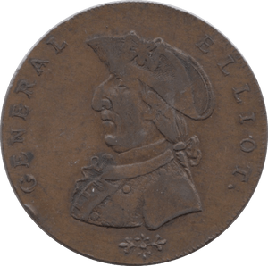 1792 HALFPENNY TOKEN WARWICKSHIRE GENERAL ELLIOT PAYABLE AT HENRY BIGGS MOORE STREET ( REF 166 )