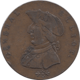 1792 HALFPENNY TOKEN WARWICKSHIRE GENERAL ELLIOT PAYABLE AT HENRY BIGGS MOORE STREET ( REF 166 )