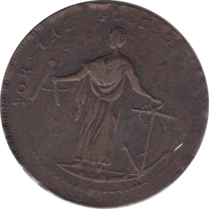 1795 HALFPENNY TOKEN CORK BUGLE AND ARMS JUSTICE HOLDING ANCHOR ( REF 193 )
