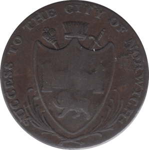 1792 HALFPENNY TOKEN NORFOLK NORWICH ARMS SHOP FRONT DH28 ( REF 89 )