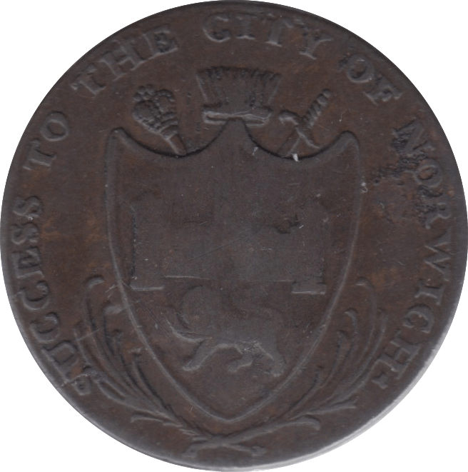 1792 HALFPENNY TOKEN NORFOLK NORWICH ARMS SHOP FRONT DH28 ( REF 89 )