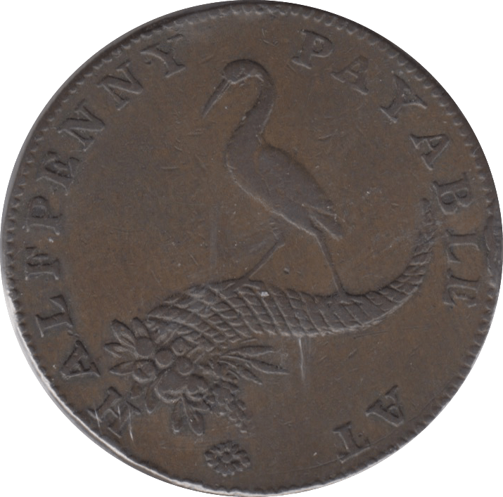 1794 HALFPENNY TOKEN WARWICKSHIRE FEMALE STORK AND CORNUCOPIA ( REF 169 )