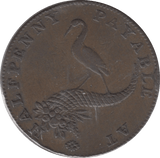 1794 HALFPENNY TOKEN WARWICKSHIRE FEMALE STORK AND CORNUCOPIA ( REF 169 )