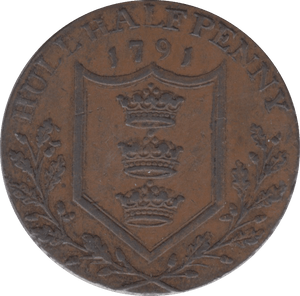 1791 HALFPENNY TOKEN YORKSHIRE HULL SHIELD OF ARMS SHIP SAILING DH23 ( VF) ( REF 178 )