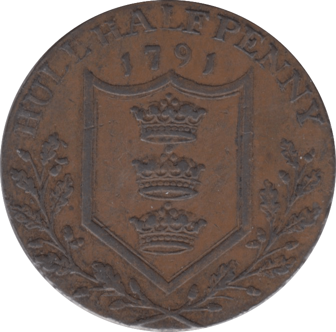 1791 HALFPENNY TOKEN YORKSHIRE HULL SHIELD OF ARMS SHIP SAILING DH23 ( VF) ( REF 178 )