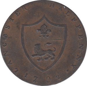 1792 HALFPENNY TOKEN LANCASTER ARMS JOHN OF GAUNT SHIELD OF ARMS DH29G ( S ) ( REF 68 )