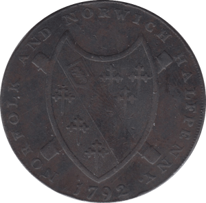 1792 HALFPENNY TOKEN NORFOLK ARMS OF NORWICH CASTLE OVER LION DH14 ( REF 86 )