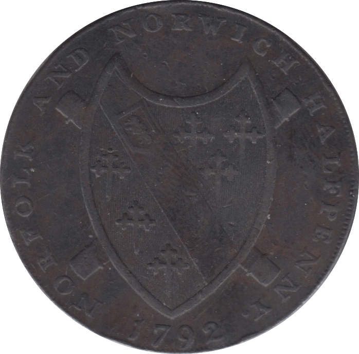 1792 HALFPENNY TOKEN NORFOLK ARMS OF NORWICH CASTLE OVER LION DH14 ( REF 86 )
