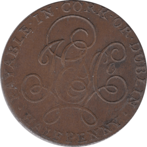 1794 HALFPENNY TOKEN CORK FAME AND TRUMPET JE AND CO CYPHER DH1 ( VF ) ( REF 189 )