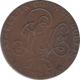 1794 HALFPENNY TOKEN CORK FAME AND TRUMPET JE AND CO CYPHER DH1 ( VF ) ( REF 189 )