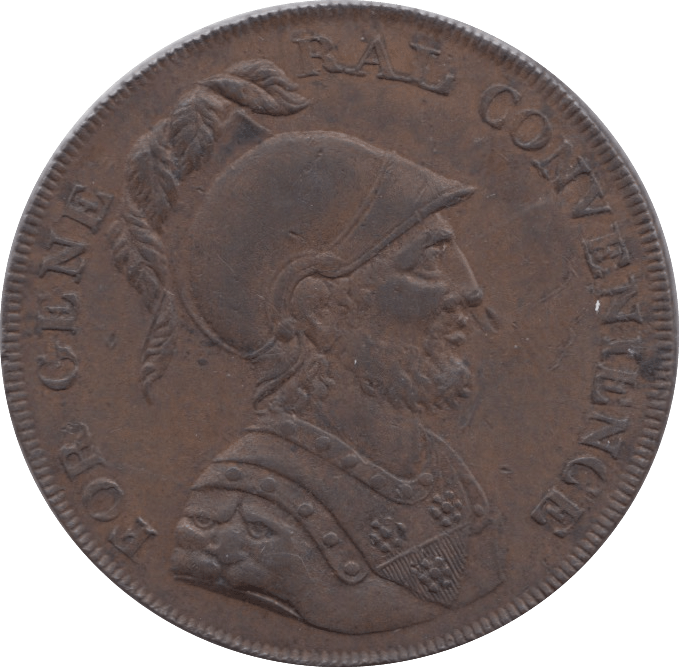 1795 HALFPENNY TOKEN MIDDLESEX MALE IN HELMET SHIELD OF ARMS ( VF ) ( REF 129 )