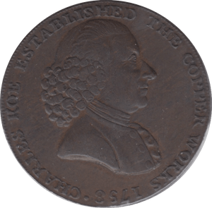 1791 HALFPENNY TOKEN CHESHIRE MACCLESFIELD FEMALE WITH COG CHARLES ROE DH44 ( VF ) ( REF 220 )