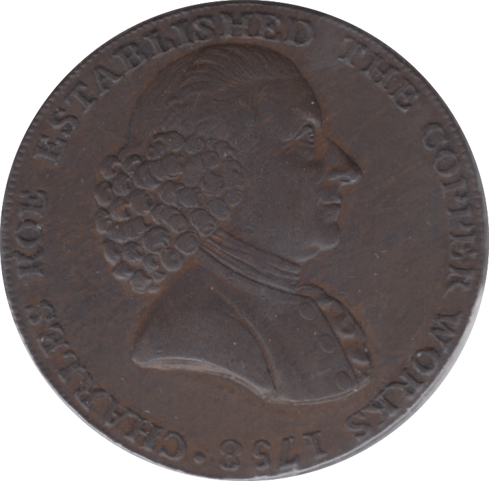1791 HALFPENNY TOKEN CHESHIRE MACCLESFIELD FEMALE WITH COG CHARLES ROE DH44 ( VF ) ( REF 220 )