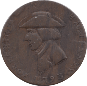 1793 HALFPENNY TOKEN YORKSHIRE SHEFFIELD SHIELD OF ARMS BUST WITH HAT ENGRAILED DH56 ( REF 179 )