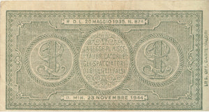 1944 BANK OF ITALY ONE LIRE BANKNOTE REF 1262