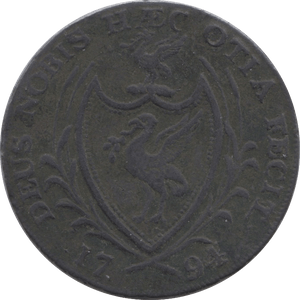 1794 HALFPENNY TOKEN LANCASHIRE LIVERPOOL SHIP SHIELD OF ARMS DH60 ( REF 85 )