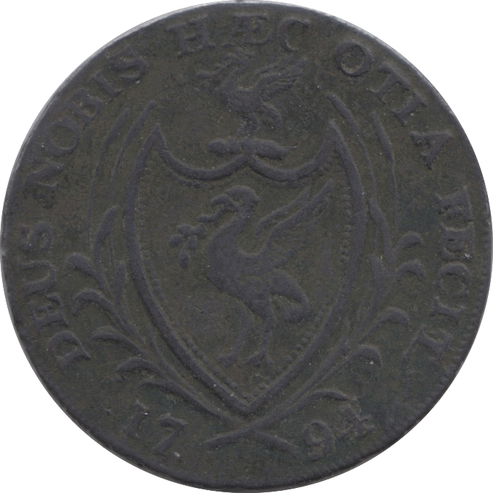 1794 HALFPENNY TOKEN LANCASHIRE LIVERPOOL SHIP SHIELD OF ARMS DH60 ( REF 85 )