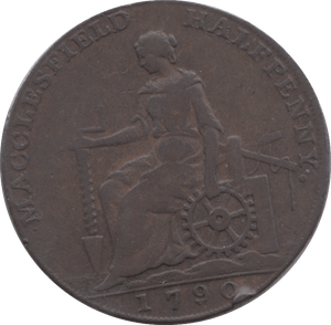 1790 HALFPENNY TOKEN CHESHIRE MACCLESFIELD FEMALE WITH COG CHARLES ROW DH21 ( REF 218 )
