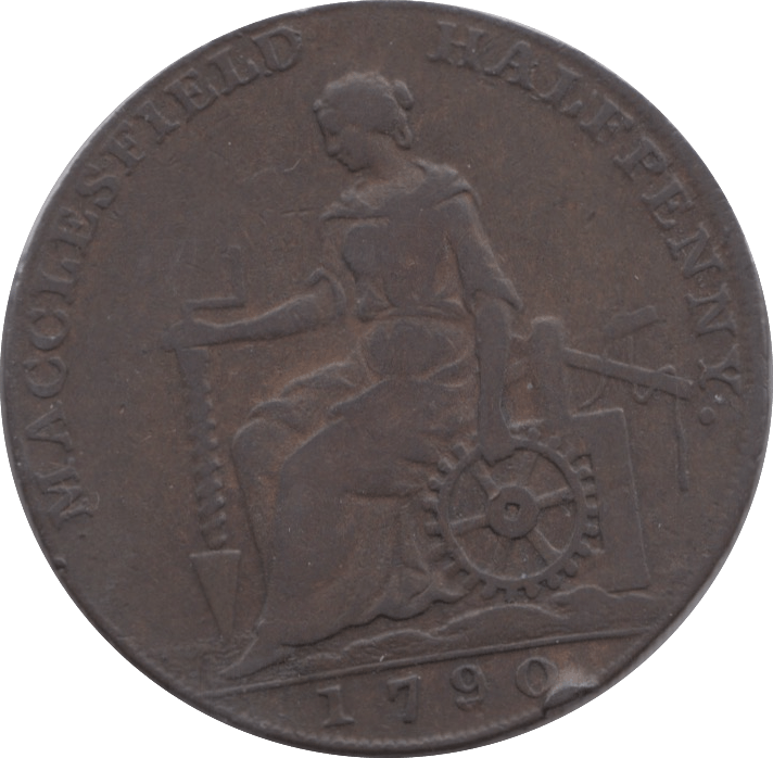 1790 HALFPENNY TOKEN CHESHIRE MACCLESFIELD FEMALE WITH COG CHARLES ROW DH21 ( REF 218 )