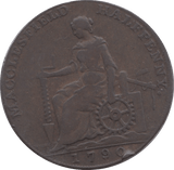 1790 HALFPENNY TOKEN CHESHIRE MACCLESFIELD FEMALE WITH COG CHARLES ROW DH21 ( REF 218 )