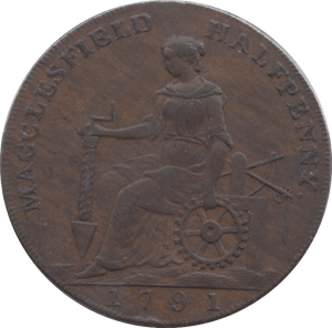 1791 HALFPENNY TOKEN CHESHIRE MACCLESFIELD FEMALE WITH COG CHARLES ROE DH44 ( VF ) ( REF 220 )