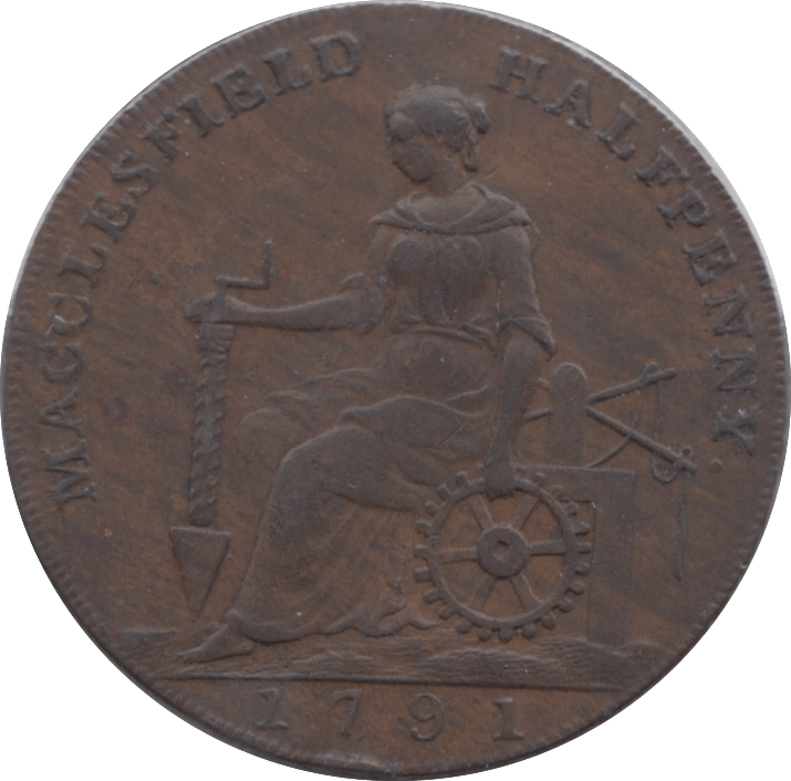 1791 HALFPENNY TOKEN CHESHIRE MACCLESFIELD FEMALE WITH COG CHARLES ROE DH44 ( VF ) ( REF 220 )