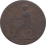 1791 HALFPENNY TOKEN CHESHIRE MACCLESFIELD FEMALE WITH COG CHARLES ROE DH44 ( VF ) ( REF 220 )