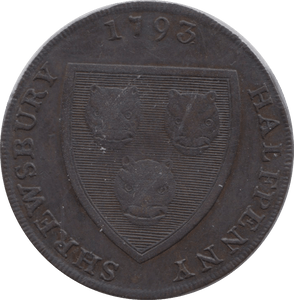 1793 HALFPENNY TOKEN SHROPSHIRE SHREWSBURY SHIELD OF ARMS SALOP WOOLPACK DH19 ( VF ) ( REF 157 )