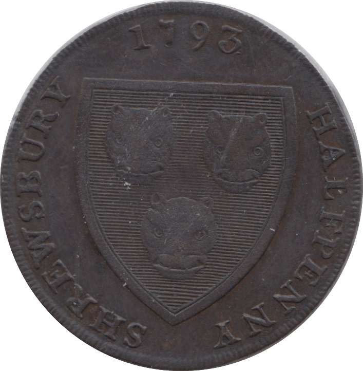 1793 HALFPENNY TOKEN SHROPSHIRE SHREWSBURY SHIELD OF ARMS SALOP WOOLPACK DH19 ( VF ) ( REF 157 )