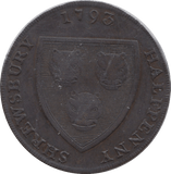 1793 HALFPENNY TOKEN SHROPSHIRE SHREWSBURY SHIELD OF ARMS SALOP WOOLPACK DH19 ( VF ) ( REF 157 )