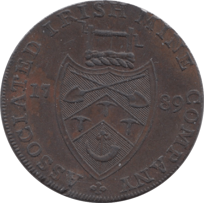1789 HALFPENNY TOKEN WICKLOW BISHOP CRONBANE MINERS ARMS AND WINDLASS DH19 ( VF ) ( REF 205 )