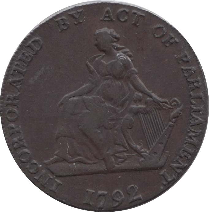 1792 HALFPENNY TOKEN DUBLIN FEMALE WITH HARP HM AND CO CYPHER DH96 ( REF 192 )