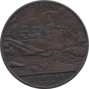 1797 HALFPENNY TOKEN ANGUSHIRE VIEW OF FORFAR CASTLE DH23 ( REF 249 )