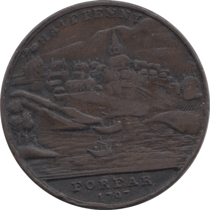 1797 HALFPENNY TOKEN ANGUSHIRE VIEW OF FORFAR CASTLE DH23 ( REF 249 )